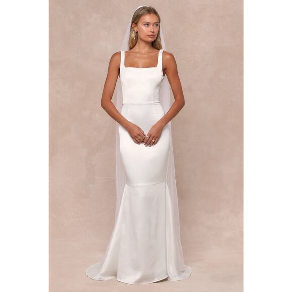 Lulus Luxe Loveliness White Satin Backless Mermaid Maxi Dress Bridal Gown Size L - Picture 1 of 7